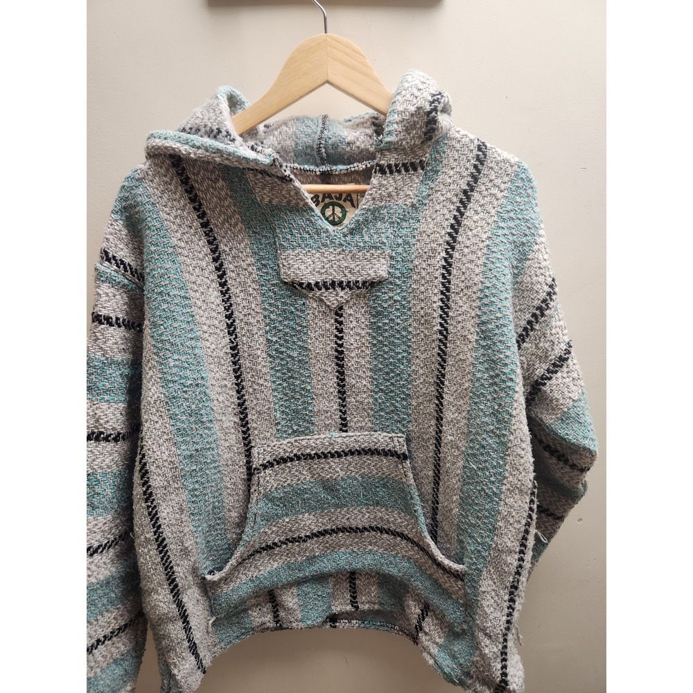 Baja Joe Mexican Drug‎ Rug Hoodie Teal Grey Striped Woven Pullover Mens Small